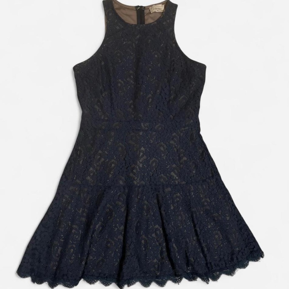 Dress Forum sz L Elegant Navy Lace Dress sleeveless fit flare minidress